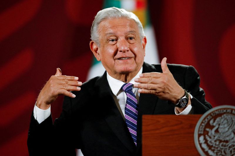 Stock image.  Mexican President Andrés Manuel López Obrador gestures during a news conference after nearly 92% of voters backed him to remain in office in a low-turnout recall election, according to results from Mexico's electoral institute, at the National Palace in Mexico City.  Mexico, April 11, 2022. REUTERS/Gustavo Graf