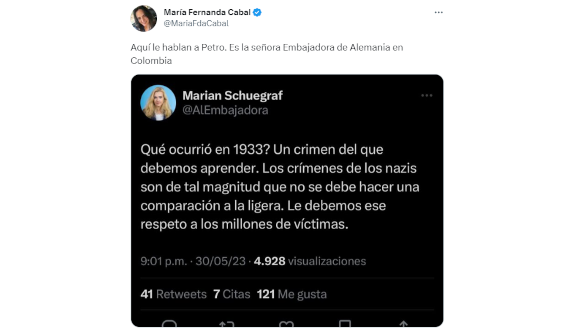 María Fernanda Cabal sobre trino de la embajadora de Alemania en Colombia. (Captura de pantalla)