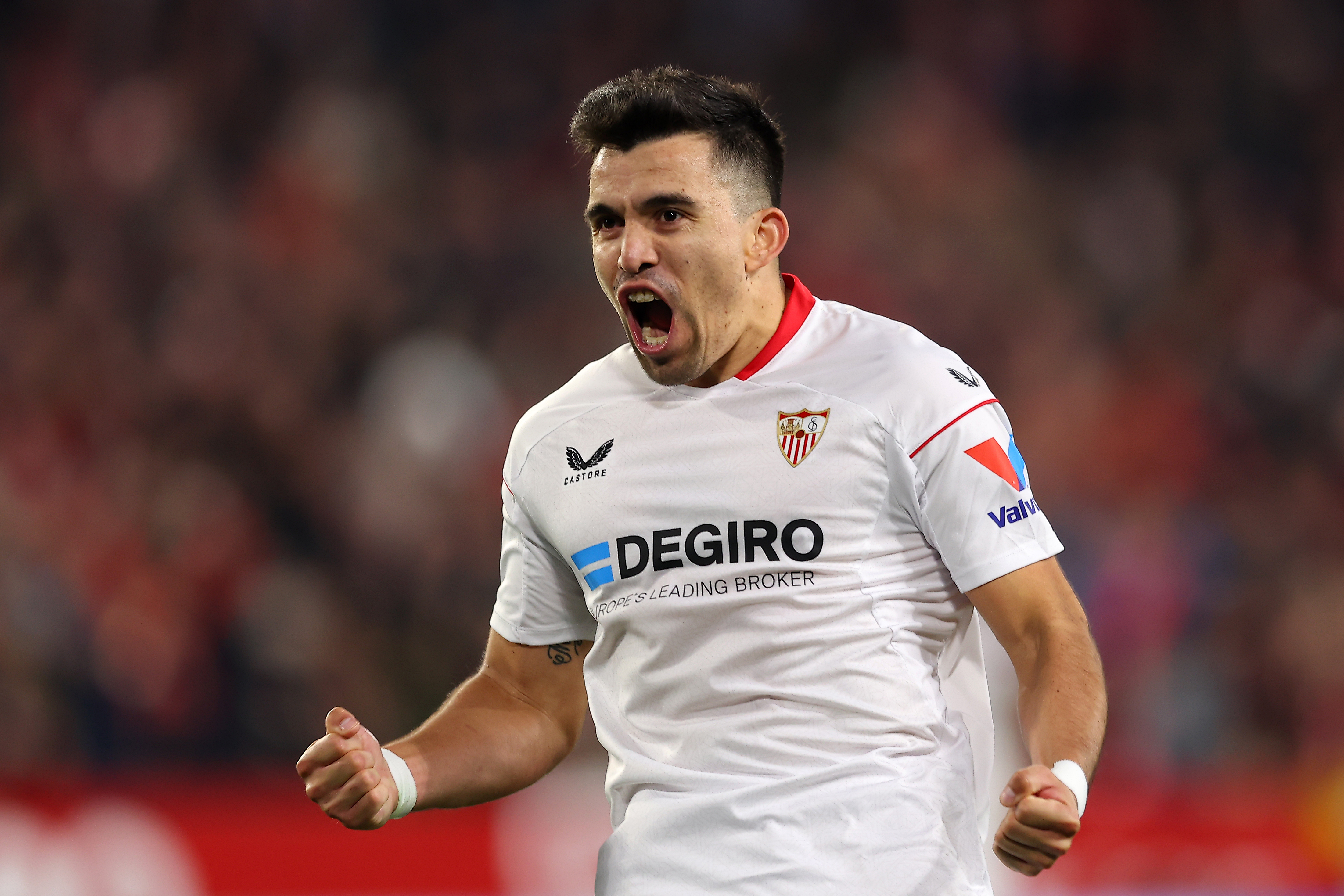 SEVILLE, SPAIN - JANUARY 28: Marcos Acuna of Sevilla FC celebrates after scoring the team's second goal during the LaLiga Santander match between Sevilla FC and Elche CF at Estadio Ramon Sanchez Pizjuan on January 28, 2023 in Seville, Spain. (Photo by Fran Santiago/Getty Images)