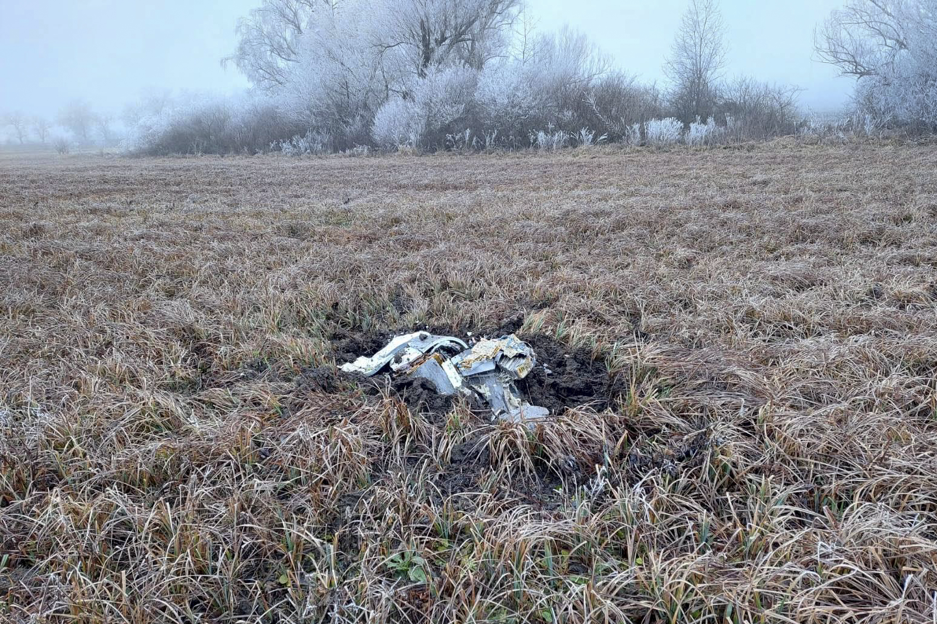 Los restos de un misil en un campo en el poblado de Larga norte de Moldavia (Ministerio del Interior de Moldavia vía AP)