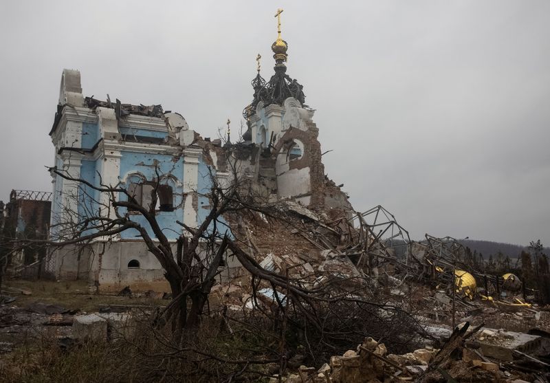 A destroyed Orthodox church, amid Russia's attack on Ukraine, in the village of Bohorodychne in the Donetsk region on December 8, 2022 (REUTERS/Yevhen Titov)