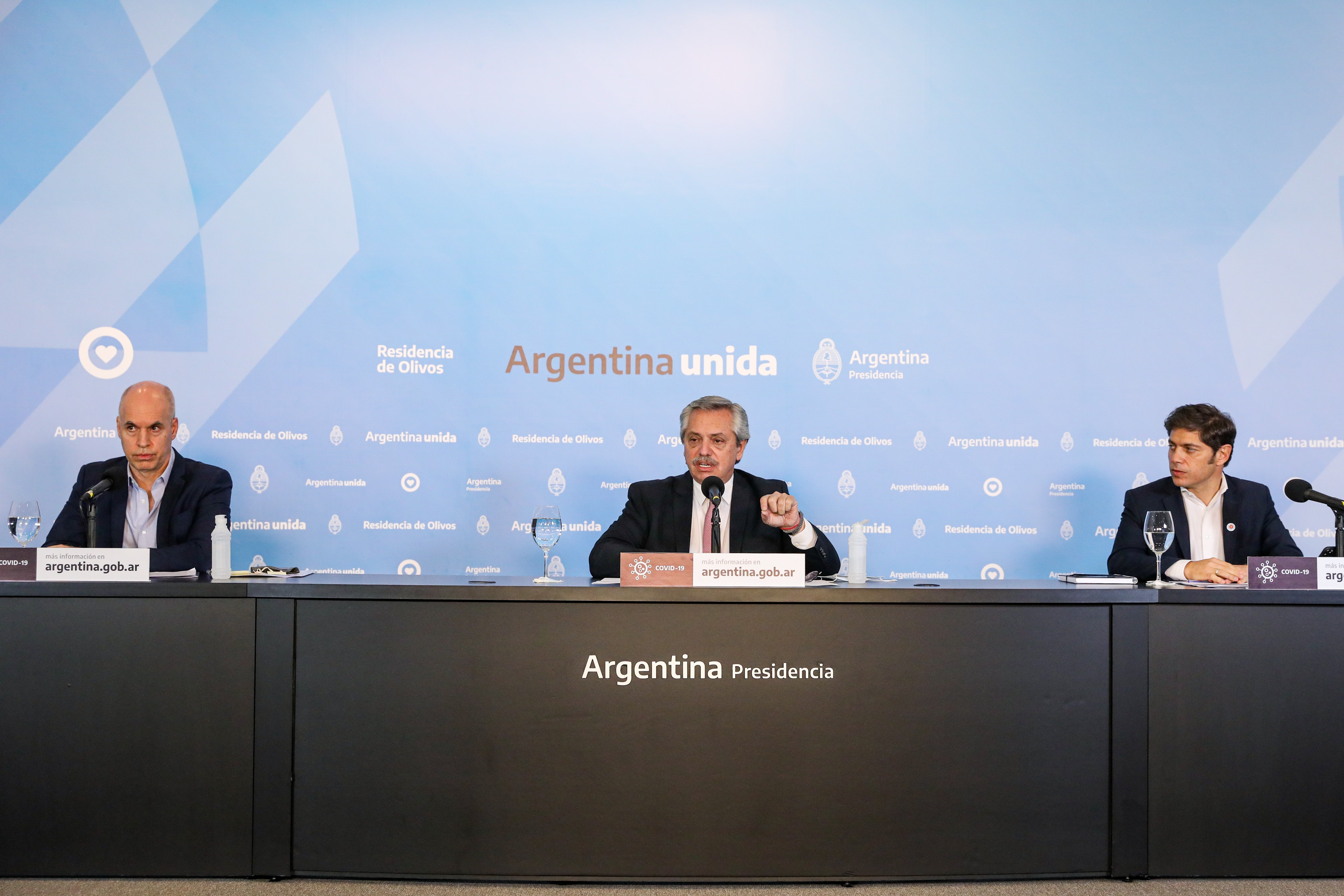 Rodríguez Larreta, Fernández y Kicillof, ante uno de los anuncios de cuarentena en el AMBA. Presidencia Argentina
