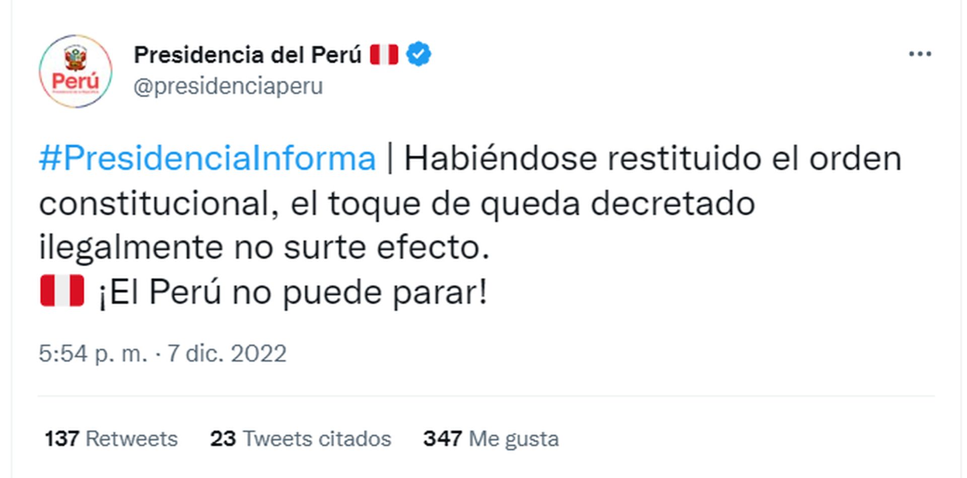 Presidencia desestima toque de queda