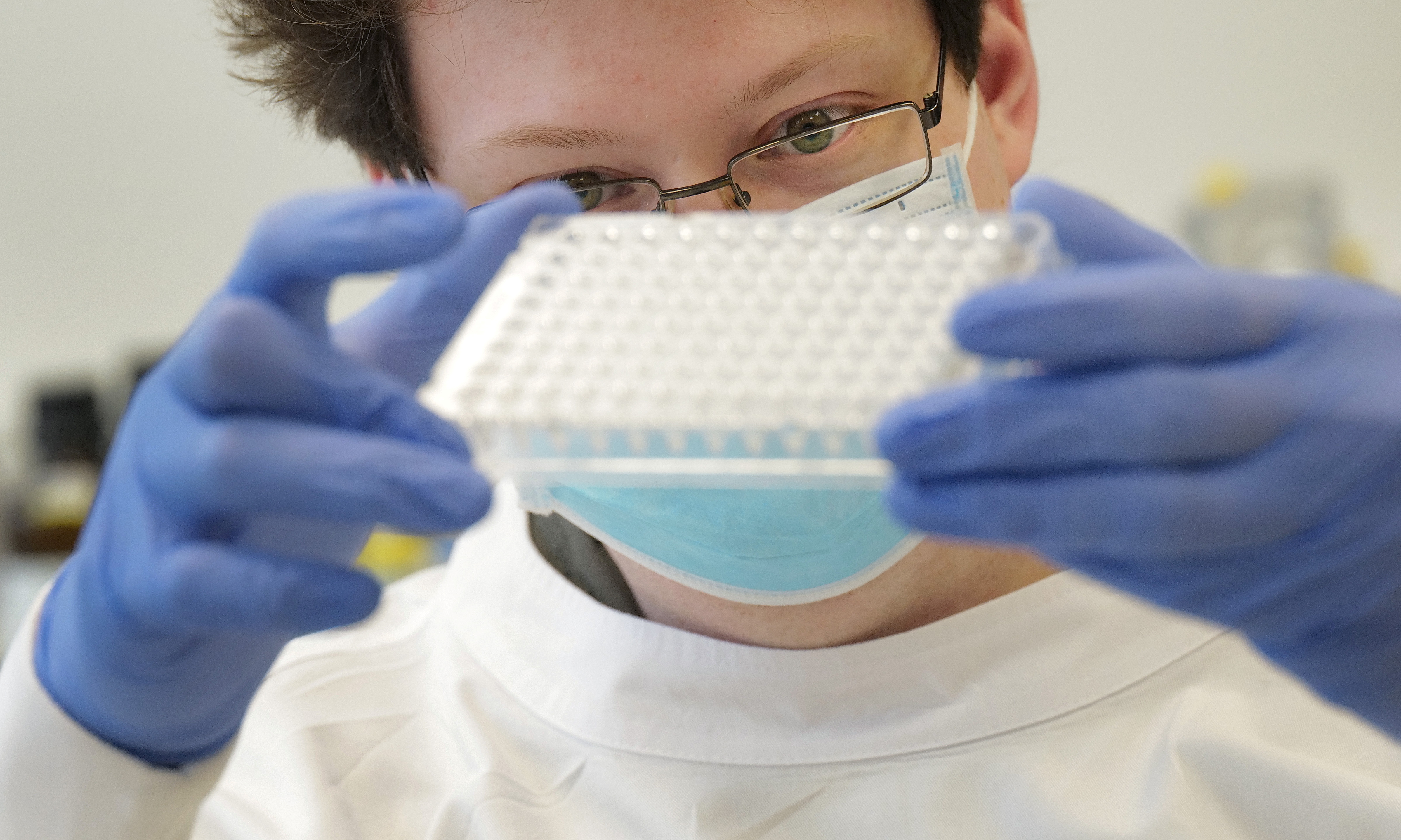 Un científico observa una bandeja con muestras positivas de coronavirus para que sean secuenciadas y analizadas en busca de las cepas mutantes en Ingelheim, Alemania, el 27 de enero de 2021. REUTERS/Kai Pfaffenbach