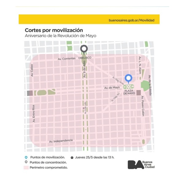 Mapa de cortes de calles, en las inmediaciones de Plaza de Mayo