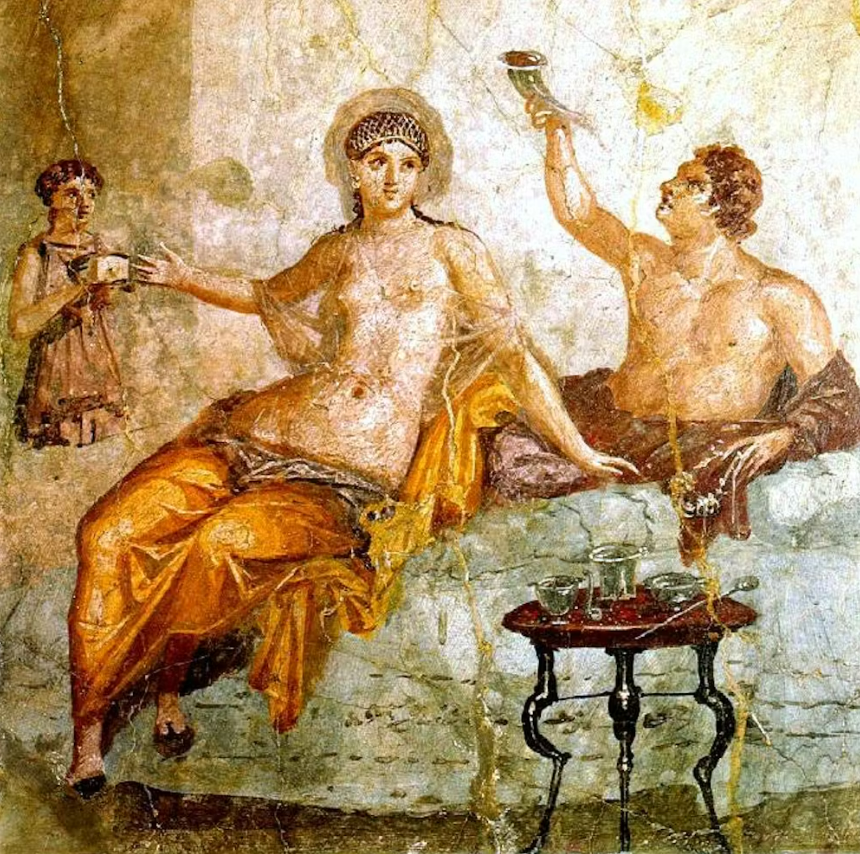 Escena de banquete, fresco de Herculano, siglo I. Wikimedia