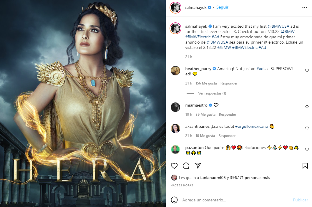 Salma Hayek será "Hera" en un comercial dentro del Super Bowl LVI Foto: Instagram/@salmahayek