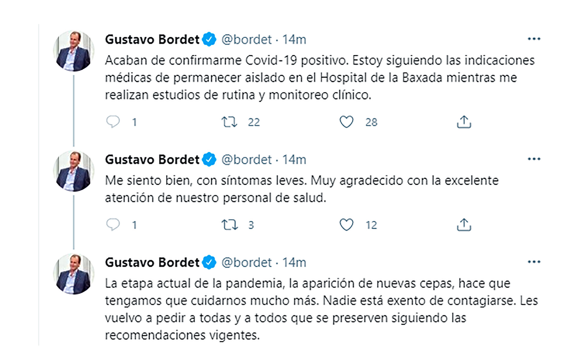 La serie de mensajes que publicó Bordet (Twitter)