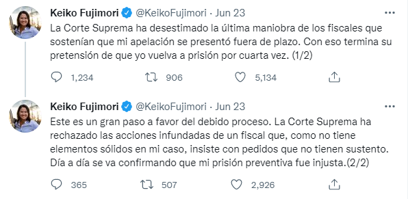 Keiko Fujimori se pronunció sobre decisión de la Corte Suprema.