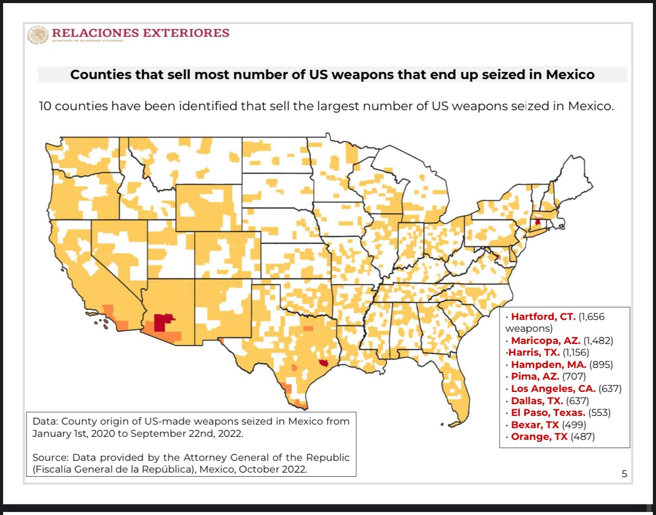Mapa sobre la venta de armas en EEUU.
(Foto: SRE)