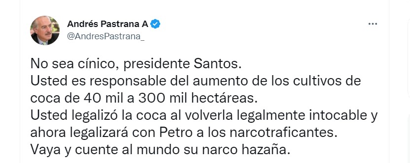 Andrés Pastrana señala de “cínico” al expresidente Juan Manuel Santos por su posición sobre la legalización de la coca. (Captura de pantalla)