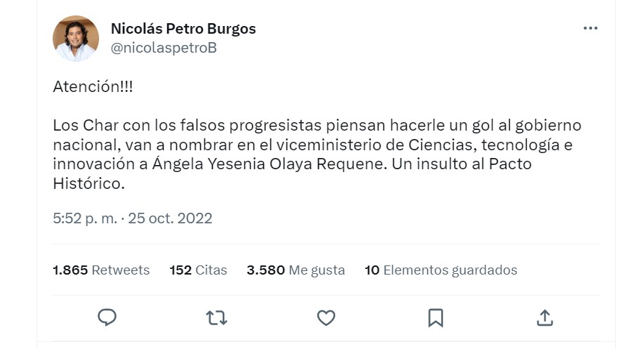 El día que Nicolás Petro, hijo del presidente Petro, dijo que la nueva MinCiencia Yesenia Olaya era “un gol de los Char”. Redes.