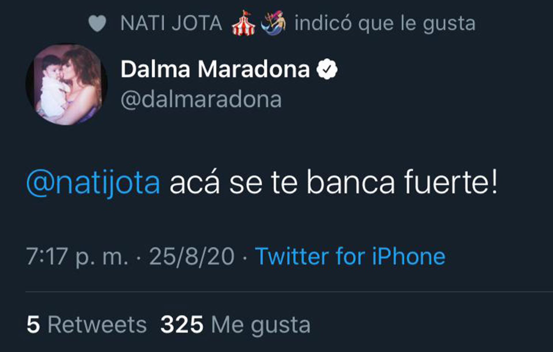 El mensaje de Dalma Maradona en Twitter, respaldando a Nati Jota 