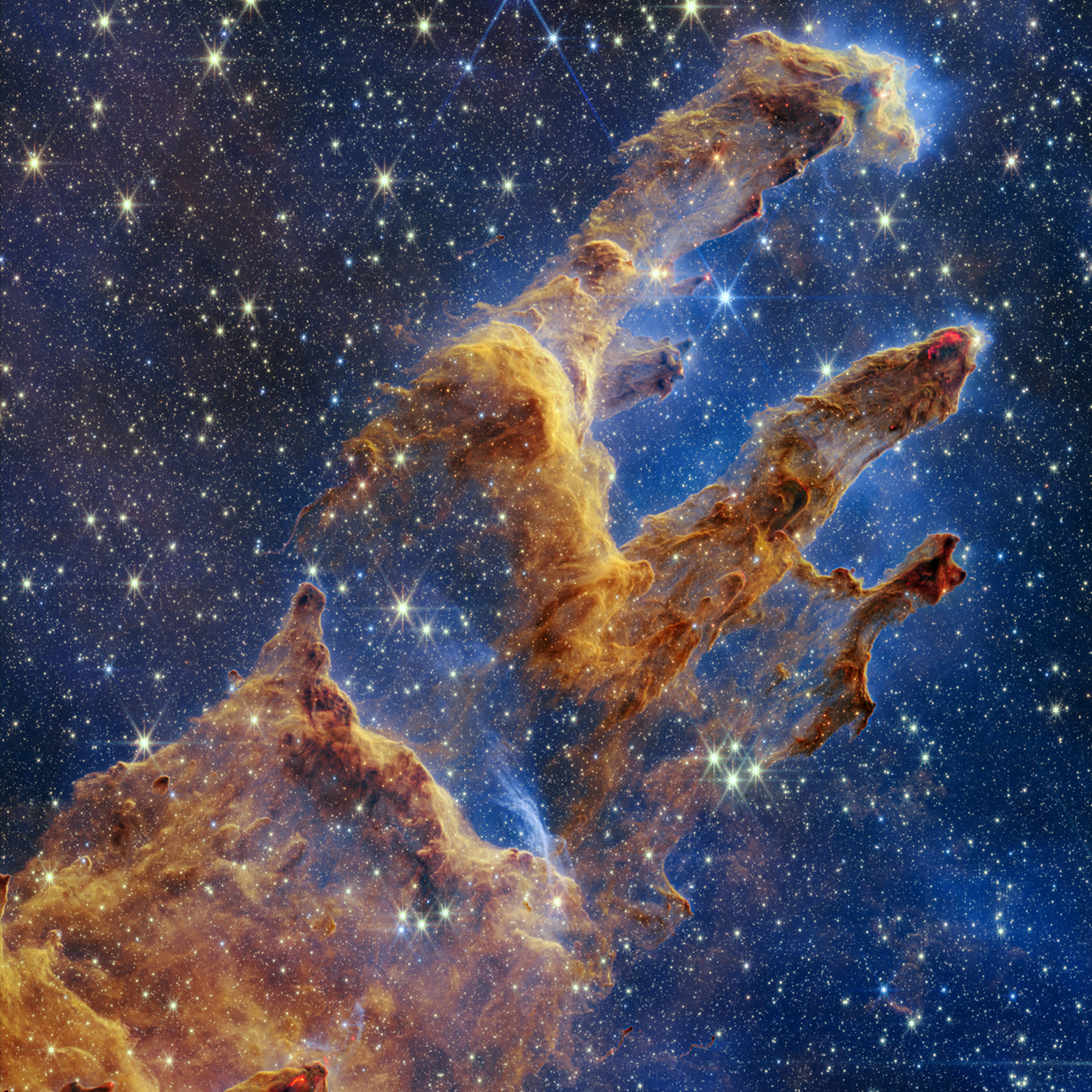 Los Pilares de la Creación vistos con el telescopio James Webb (NASA, ESA, CSA, STSCI; J. DEPASQUALE, A. KOEKEMOER, A. PAGAN (STSCI)).