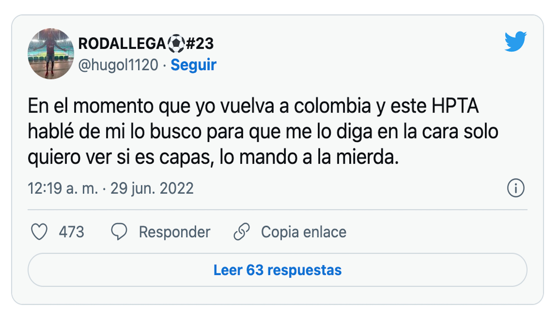 Hugo Rodallega y su mensaje amenazante en Twitter al mediodía de este miércoles 29 de junio / (Twitter: @hugol1120)