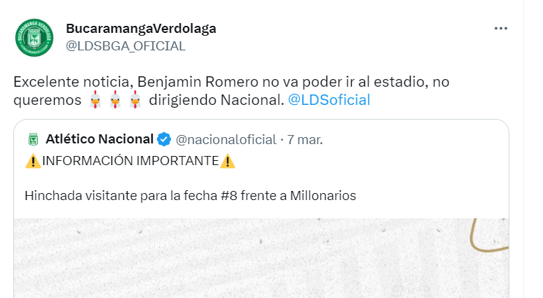 Hinchas de Nacional piden que Benjamín Romero no entre al Atanasio Girardot.