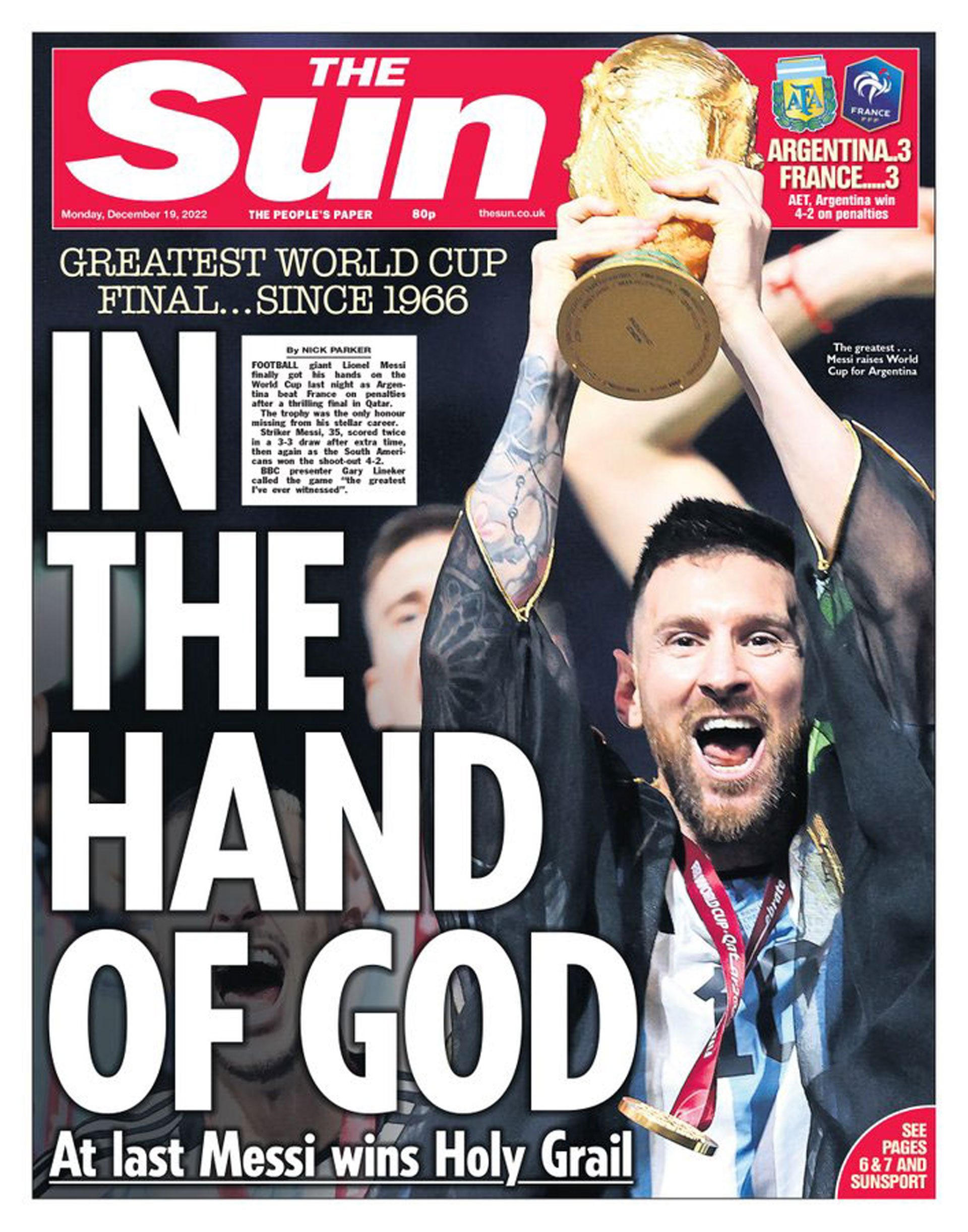 La portada de The Sun con la coronación de la Argentina en el Mundial Qatar 2022
