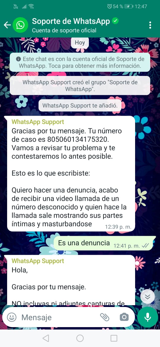 Denuncia de un usuario a WhatsApp por recibir una videollamada desconocida de una persona masturbándose