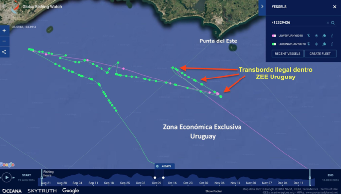 Sospecha de transbordo ilegal dentro de la ZEE de Uruguay. (Cortesía de Milko Schvartzman).