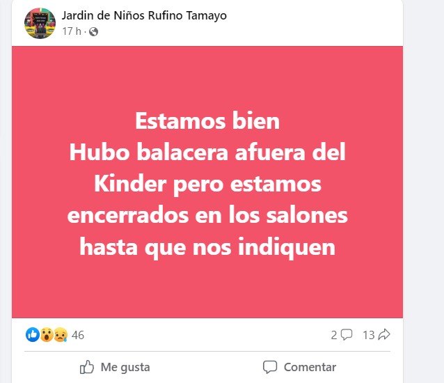 A través de sus redes sociales personal del jardín de niños "Rufino Tamayo" informaron que se estaban bien (Captura de pantalla Facebook)