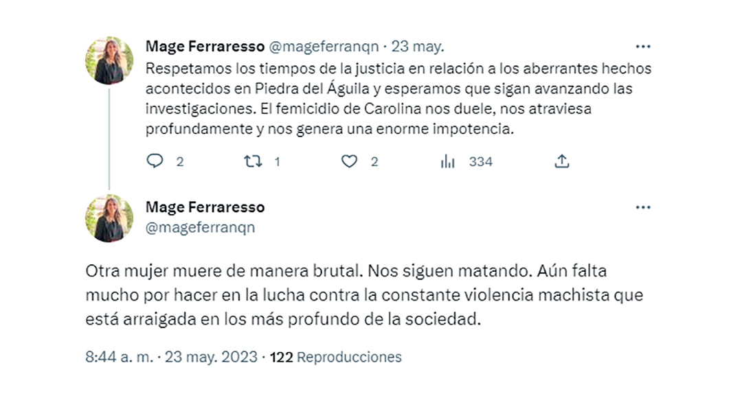 La ministra de las Mujeres y de la Diversidad de Neuquén, María Eugenia Ferraresso, se expresó sobre el caso en Twitter