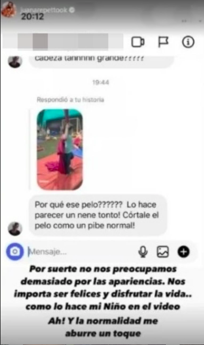 Juana Repetto se enojó con una seguidora que criticó el corte de pelo de su hijo Toribio y le respondió de forma pública