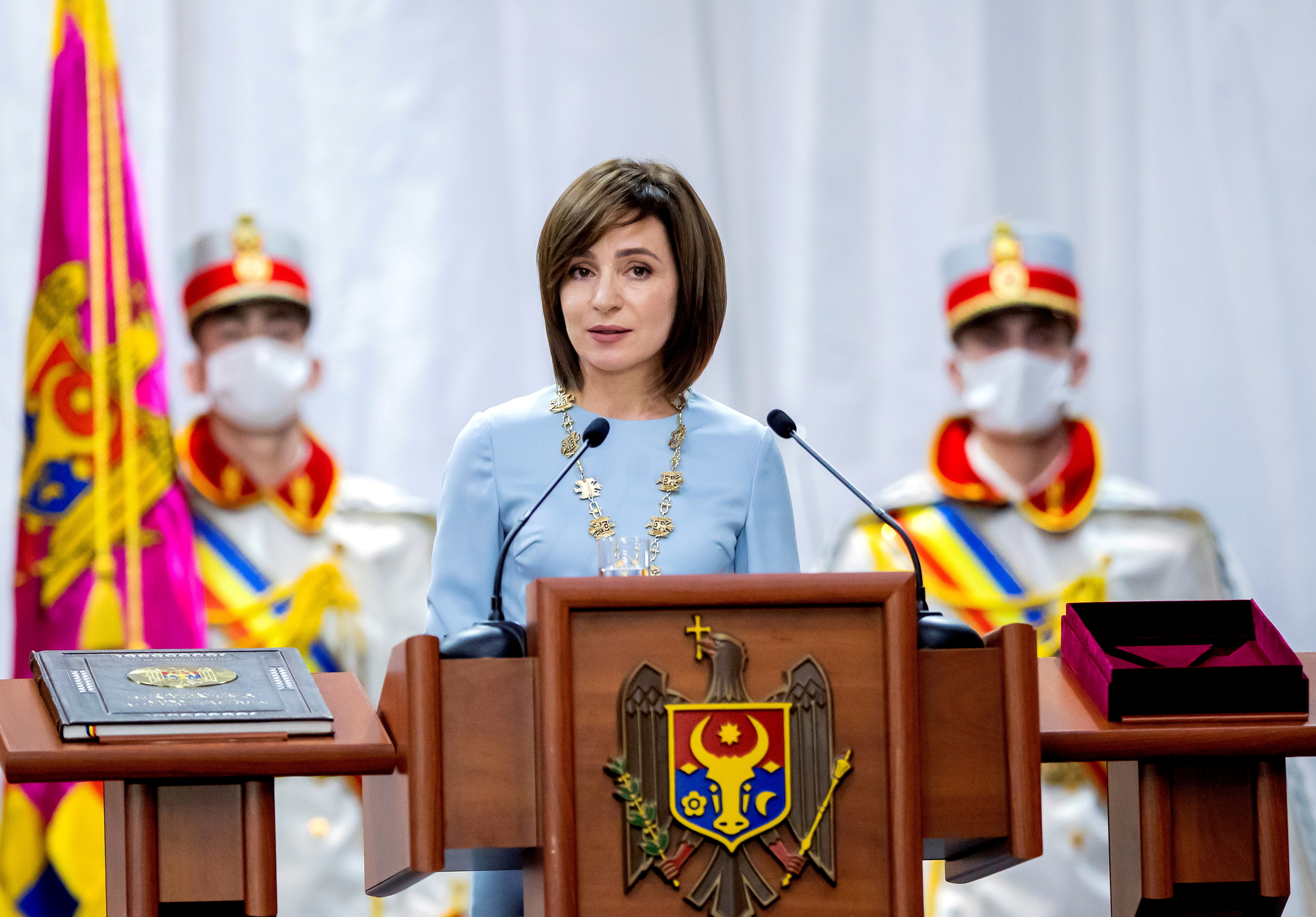 FILE PHOTO: Moldovan President Maia Sandu delivers a speech during an inauguration ceremony in Chisinau