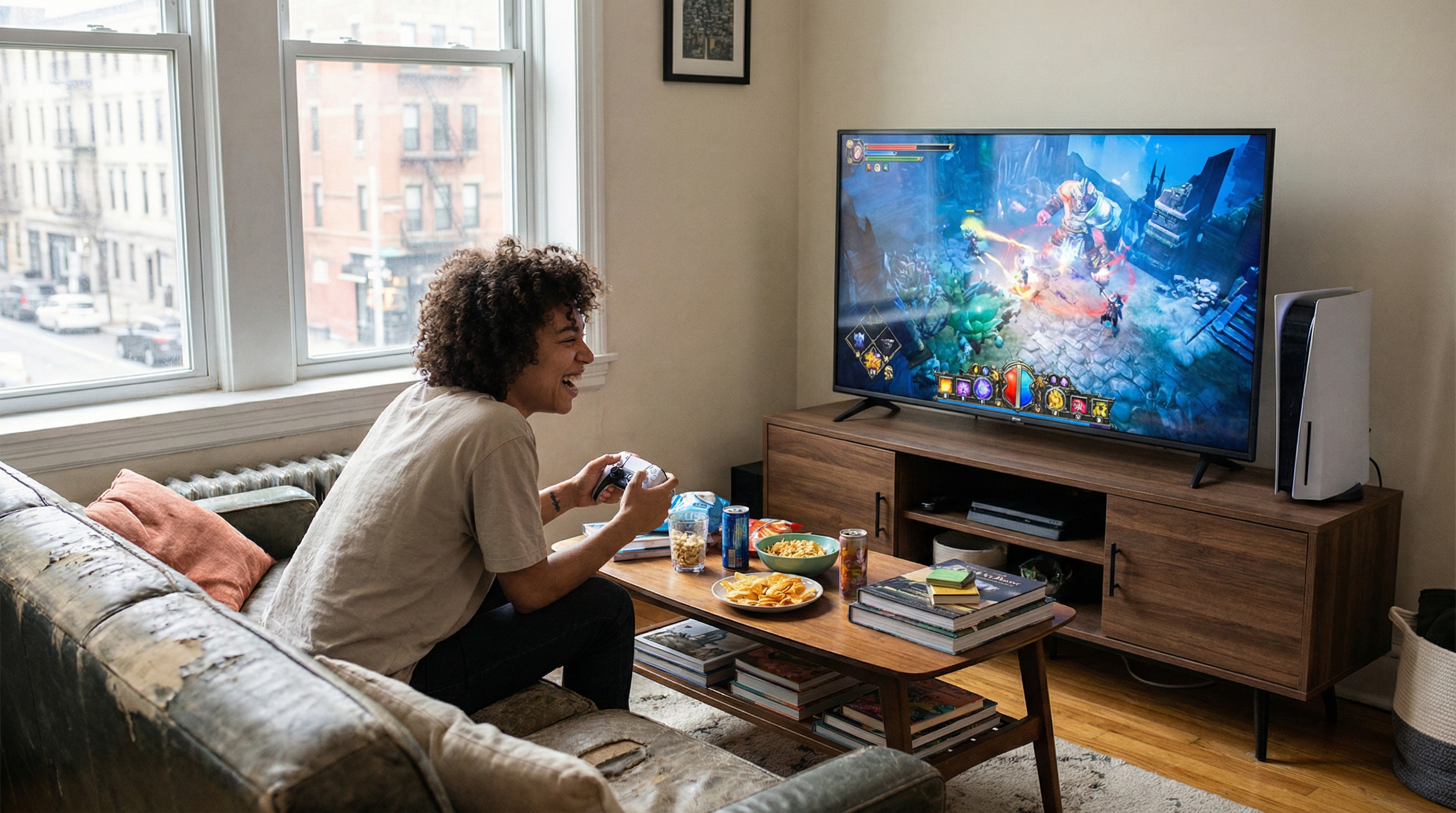 대형 TV와 콘솔을 활용한 거실 게이밍