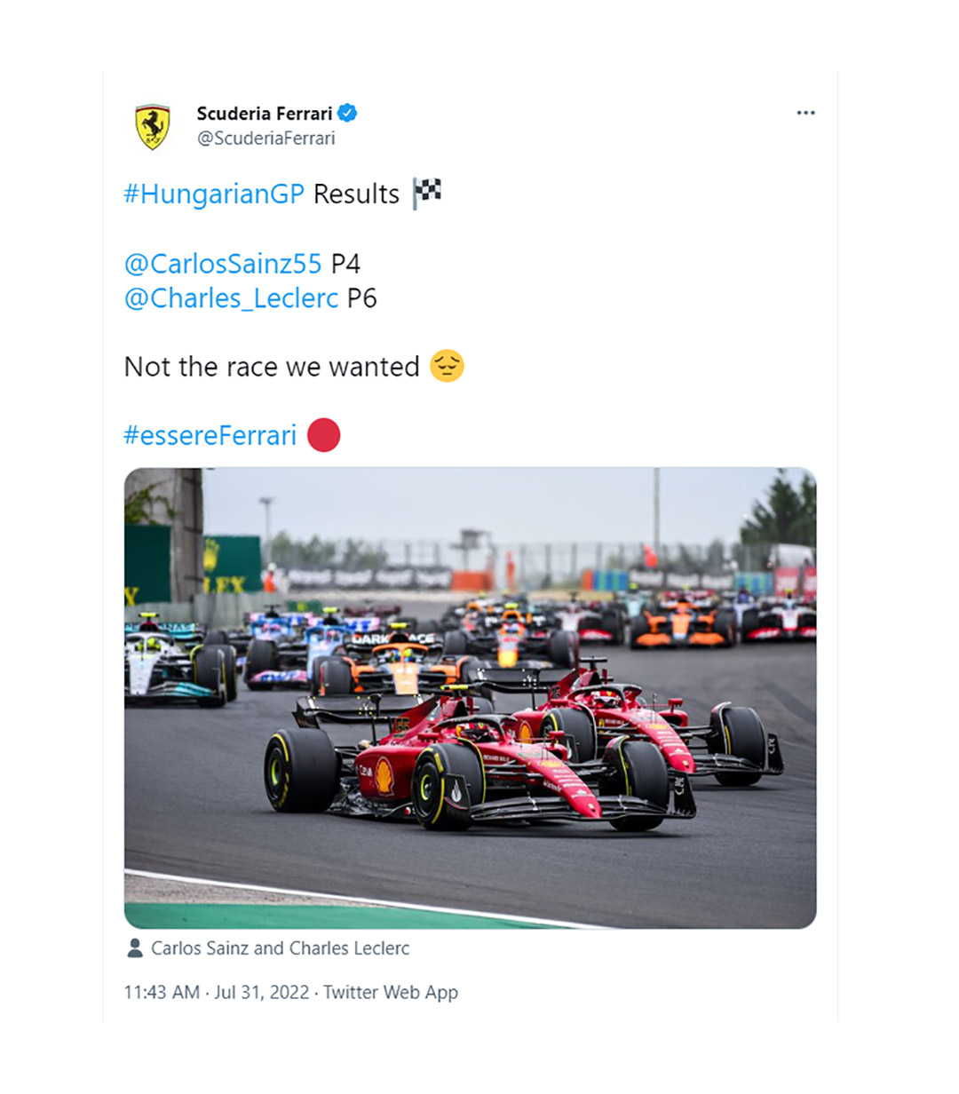 "No fue la carrera que queríamos", apunta el posteo de Ferrari