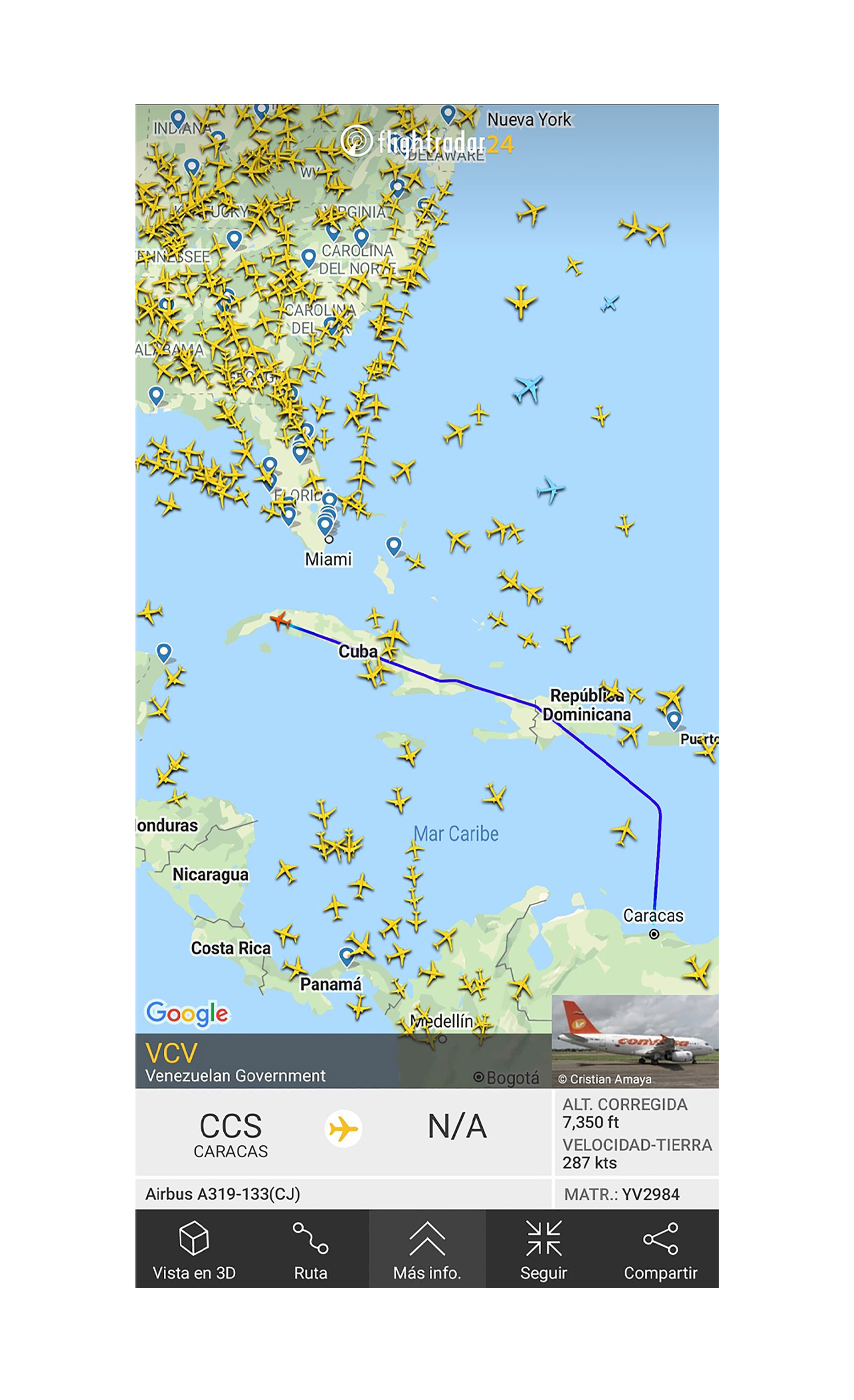 El arribo del avión presidencial venezolano a La Habana se produce en momentos en que ambos países atraviesan horas convulsionadas (@FedericoBlackB)
