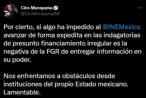 Murayama Rendón señaló a la FGR de no entregar la información correspondiente al caso del presidente del PRI (Foto: Twitter/@CiroMurayamaINE)