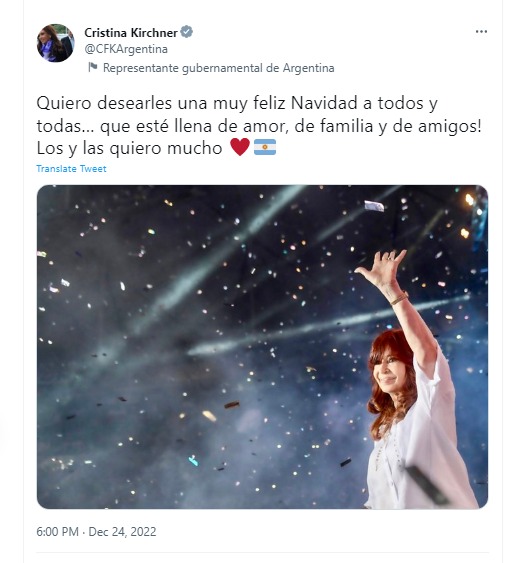 El mensaje de Cristina Kirchner en su cuenta personal de Twitter