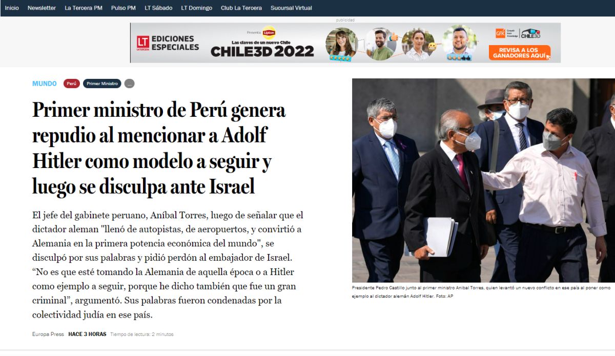 Prensa internacional informó sobre Aníbal Torres y sus frases de Hitler.