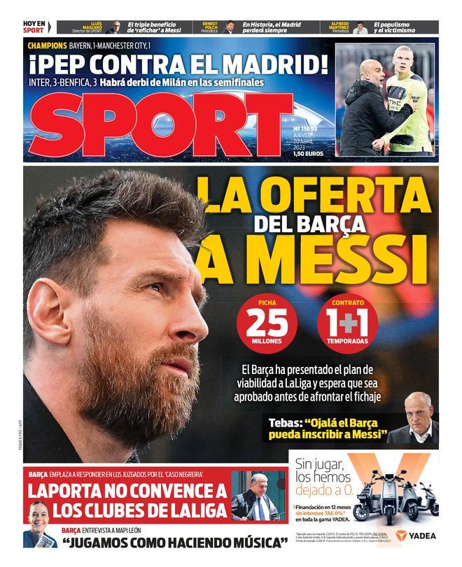 La portada de Sport sobre la oferta que Barcelona le haría a Lionel Messi