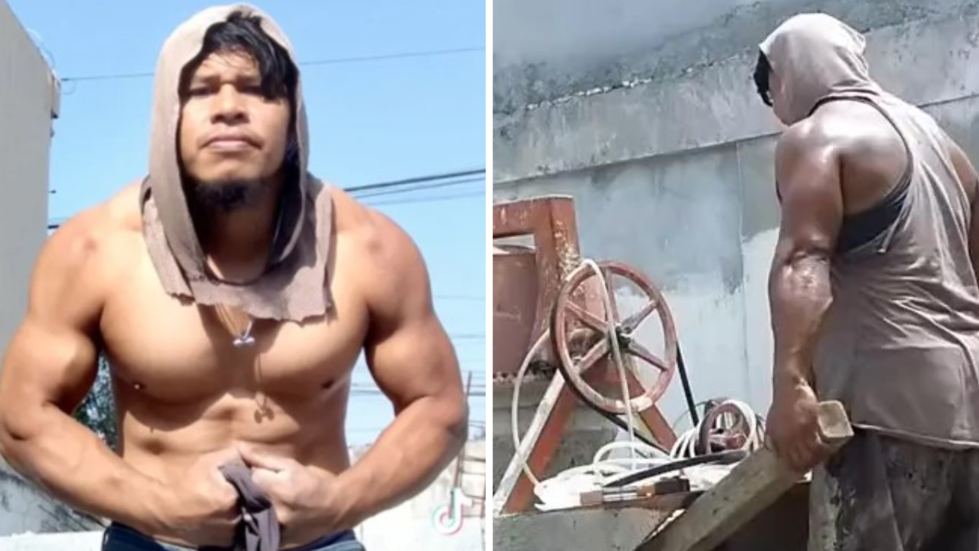 A bricklayer who shows off his physical condition without going to the gym.  (TikTok @freddybautista44)