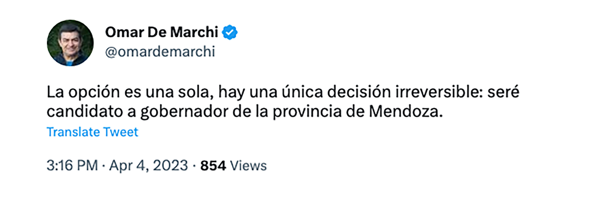 El tuit de Omar De Marchi para anunciar que será candidato a gobernador de Mendoza