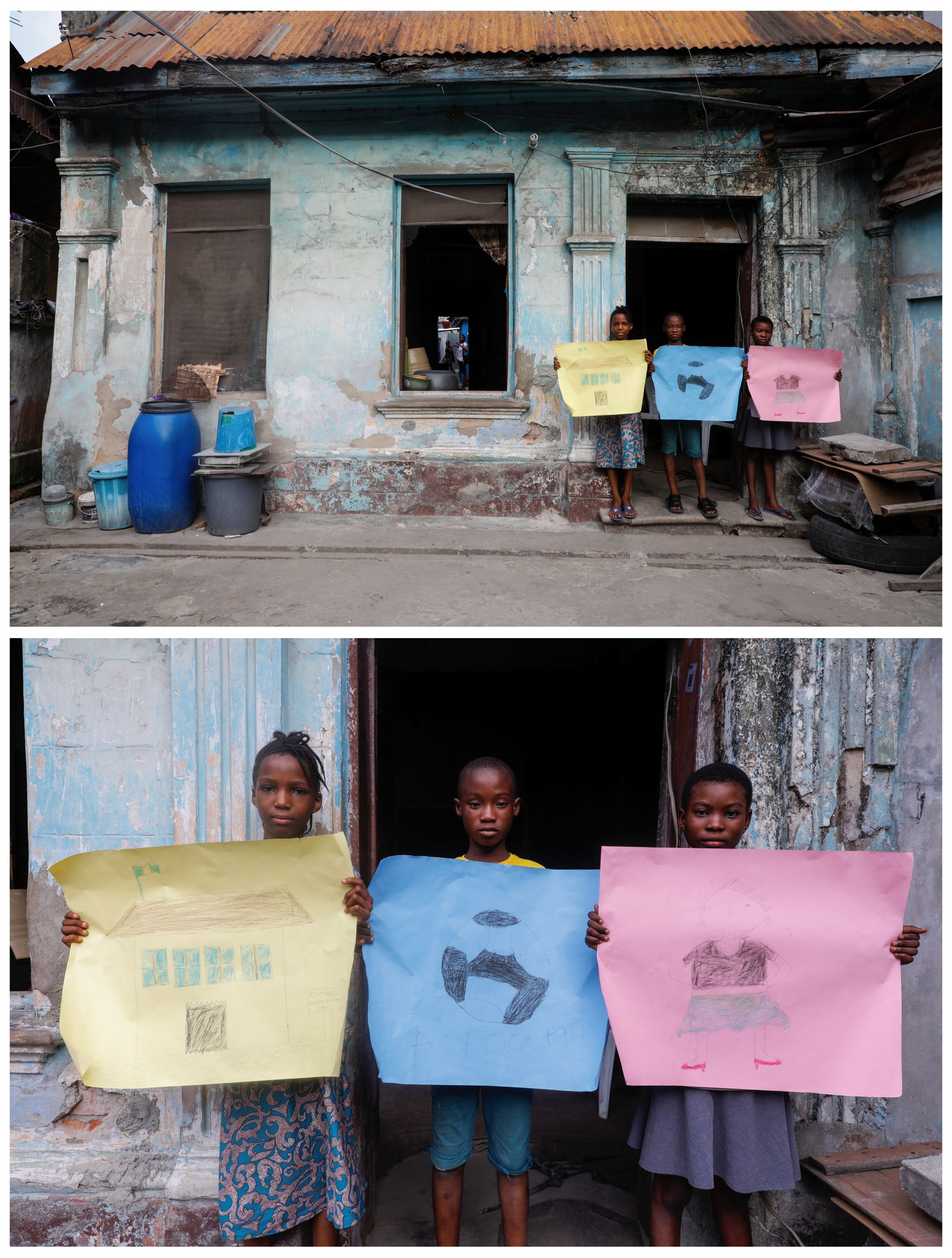El montaje muestra a Sofiat Kolawole, 8, Olatunji Adebayo, 11, y Amira Akanbi, 11, en el frente de su casa en Lagos, Nigeria, el 18 de abril de 2020. Sofiat, que dibujó su escuela, dijo:
