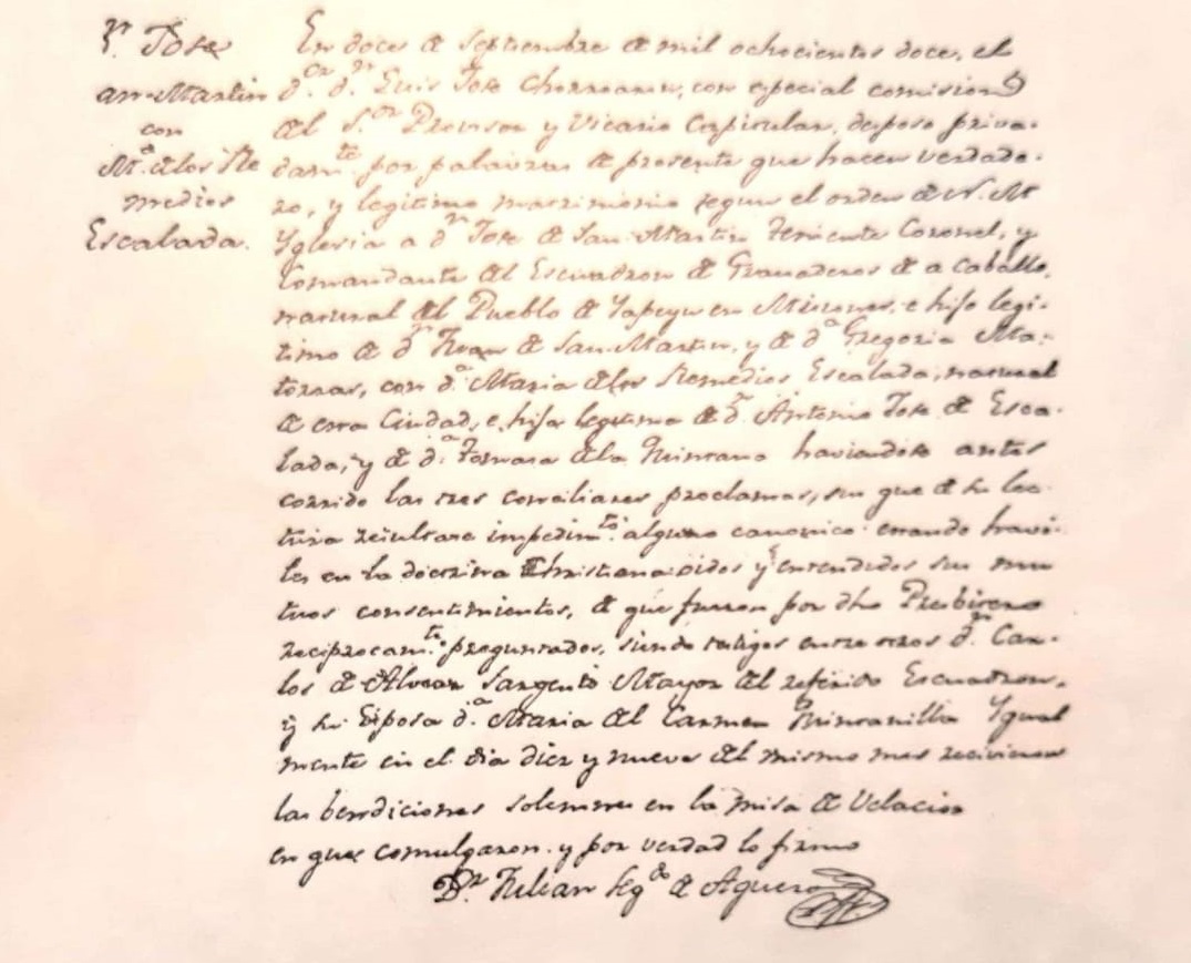 Acta de casamiento de José y Remedios. Fue en septiembre de 1812, la reunión en la casa de sus suegros y la luna de miel en San Isidro