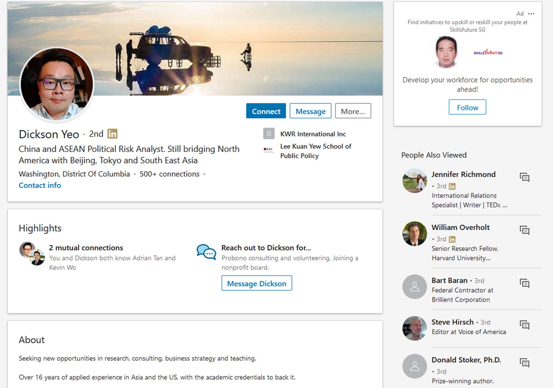 El perfil de Dickson Yeo en LinkedIn, plataforma que utilizó para su tarea de espionaje