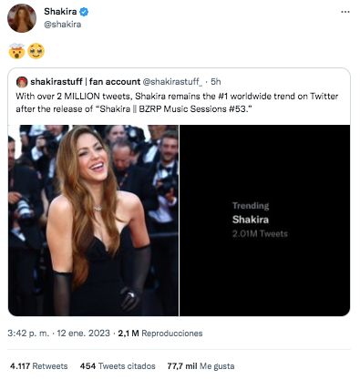 Shakira reaccionó a una publicación de una página de fans, en la que se mostró conmovida por el apoyo que ha recibido con su nueva canción. @shakira/Twitter