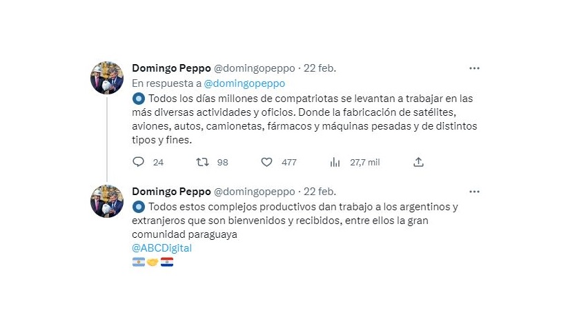 Domingo Peppo le respondió a Santiago Peña que “todos los días millones de compatriotas se levantan a trabajar en las más diversas actividades y oficios"