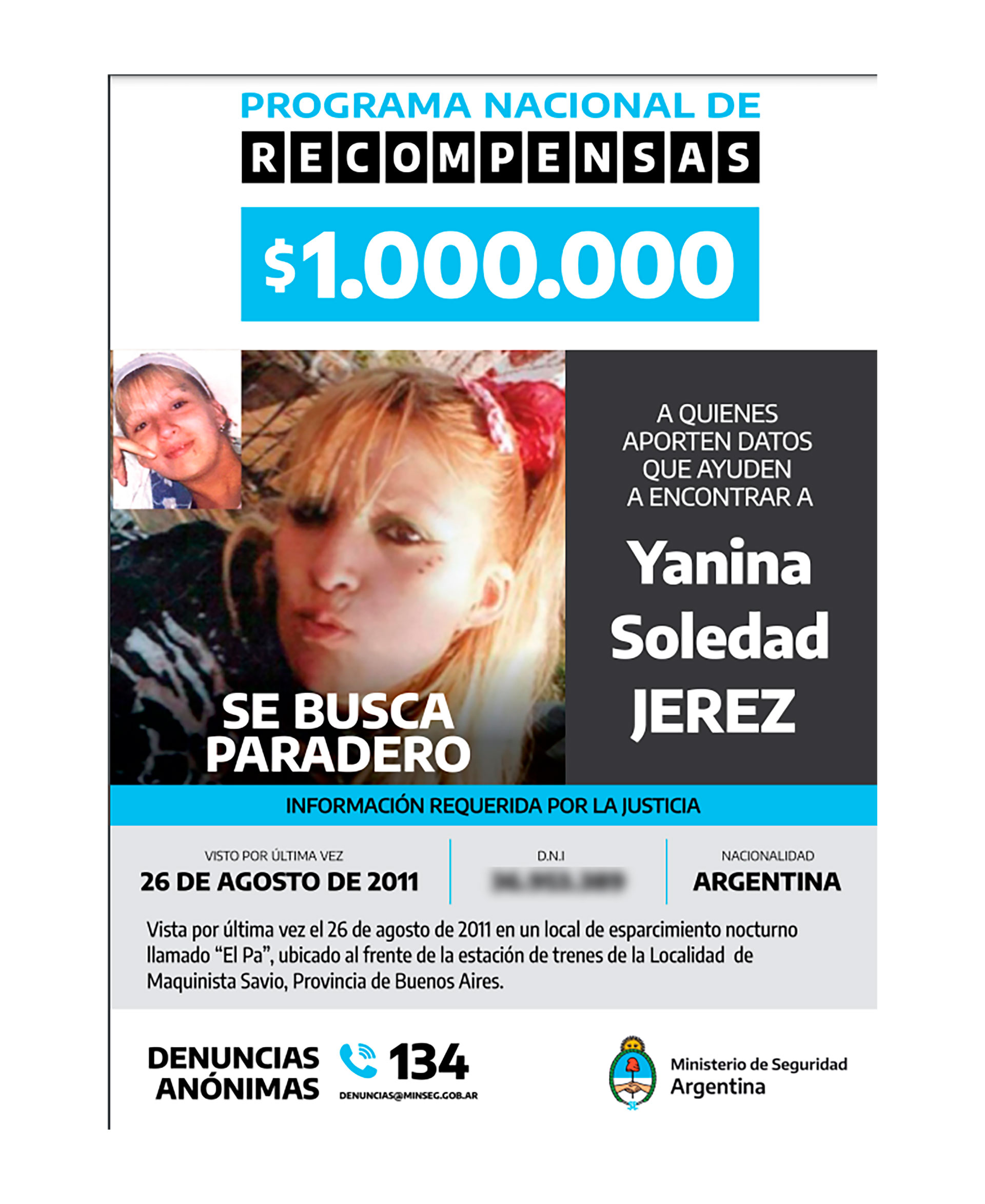 Por quien aportara información de Yanina Soledad Jerez, el Ministerio de Seguridad nacional emitió un pedido de recompensa de $1.000.000