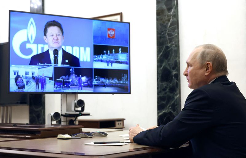 Putin participando en forma virtual de una ceremonia de lanzamiento de la producción en el yacimiento de gas de Kovykta, que alimenta el gasoducto Poder de Siberia I que lleva gas ruso a China. (Sputnik/Mikhail Kuravlev/Kremlin vía REUTERS)