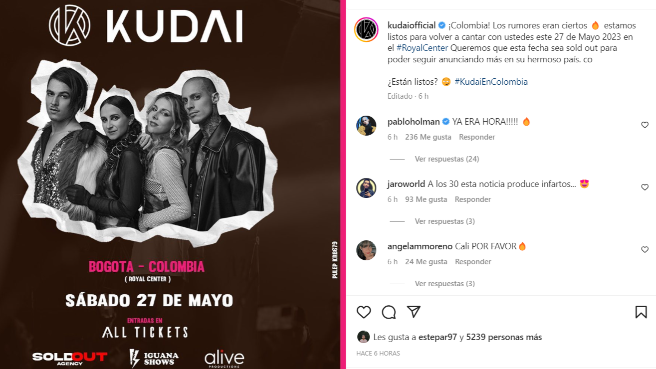 Los artistas latinoamericanos confirmaron su concierto en el país mediante su Instagram. @kudaiofficial/Instagram