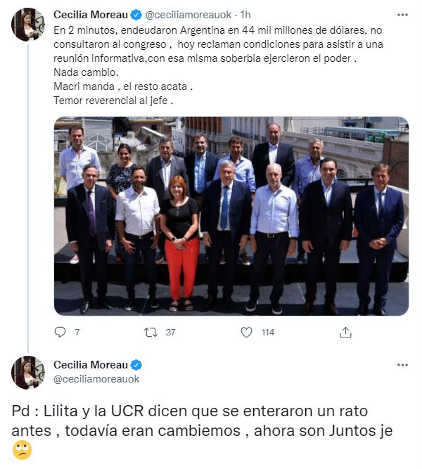 El tuit de Cecilia Moreau contra la postura de Juntos por el Cambio