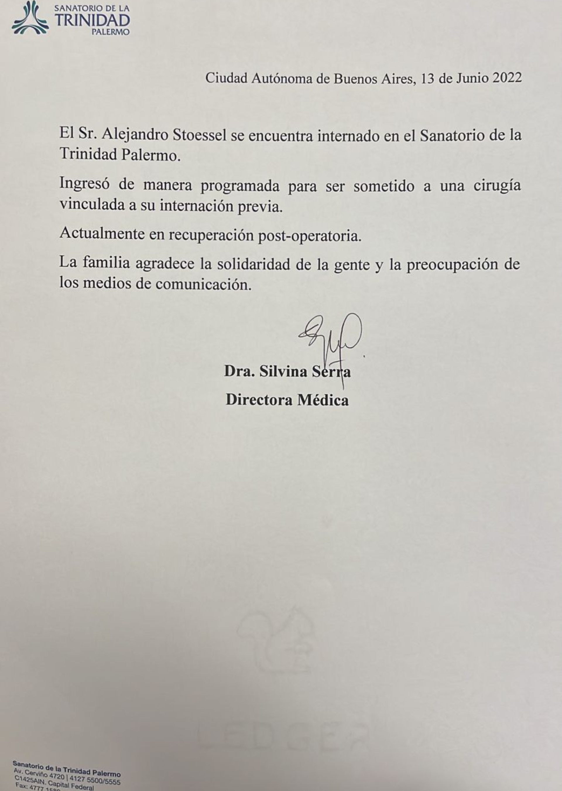 El parte médico de Alejandro Stoessel 
