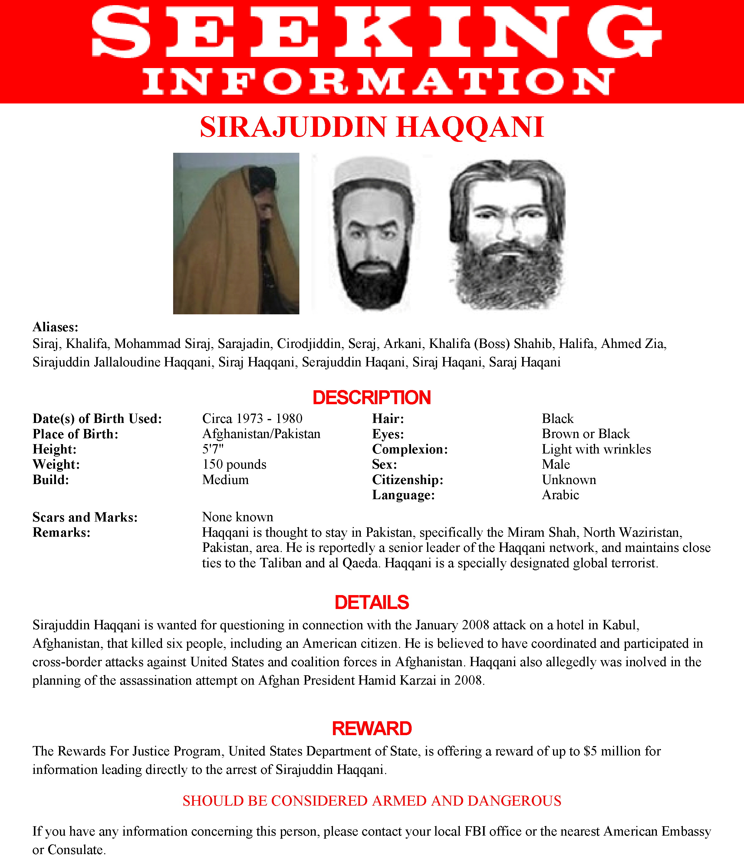 Ficha del FBI de Sirajuddin Haqqani 