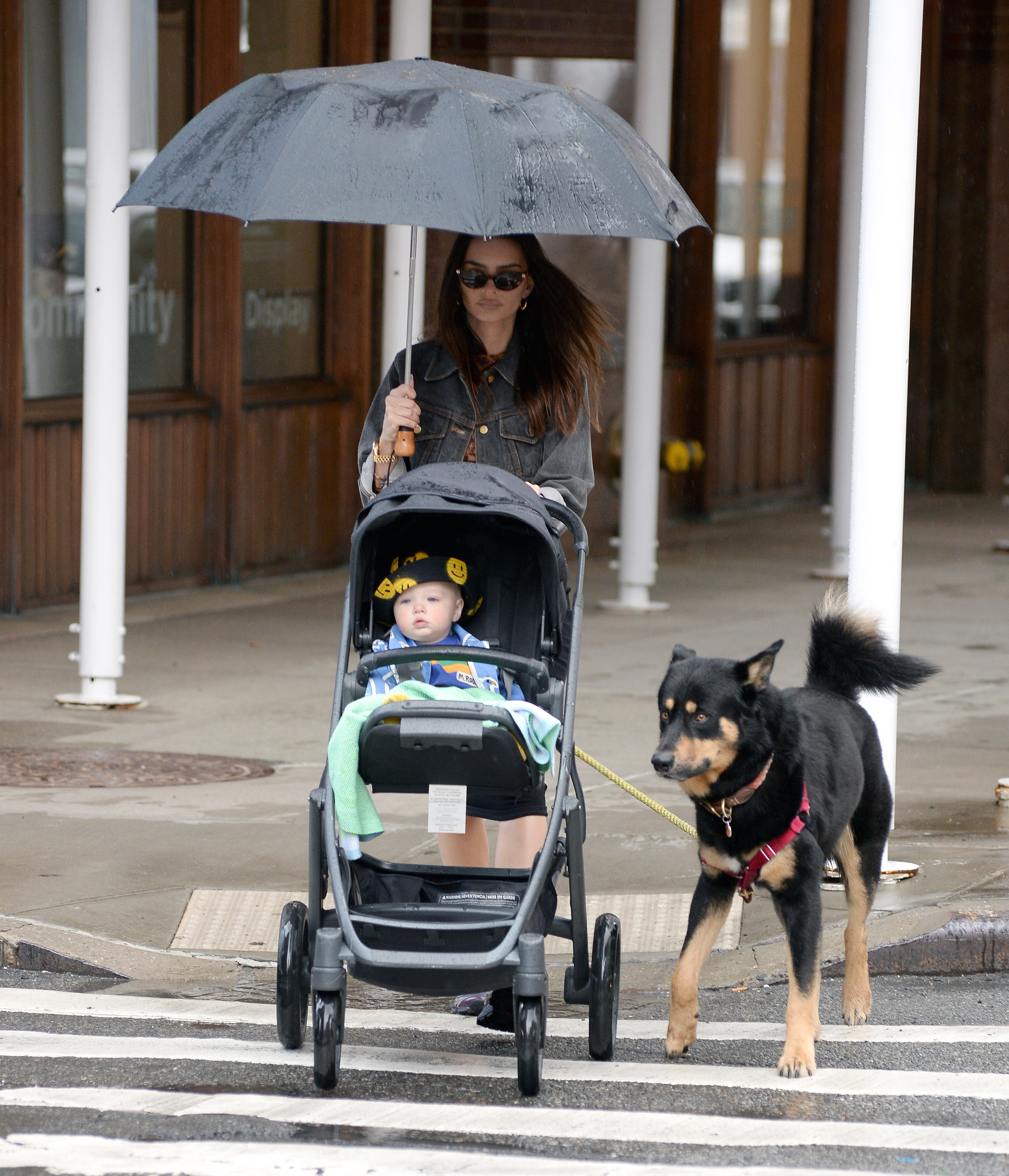 Pese al mal clima de Nueva York, Emily Ratajkowski salió a dar un paseo con su bebé Sylvester -fruto de su relación con Sebastian Bear-McClard- y su perro Colombo: le hizo frente a la lluvia con un paraguas con el que se protegieron del agua ella y su hijo