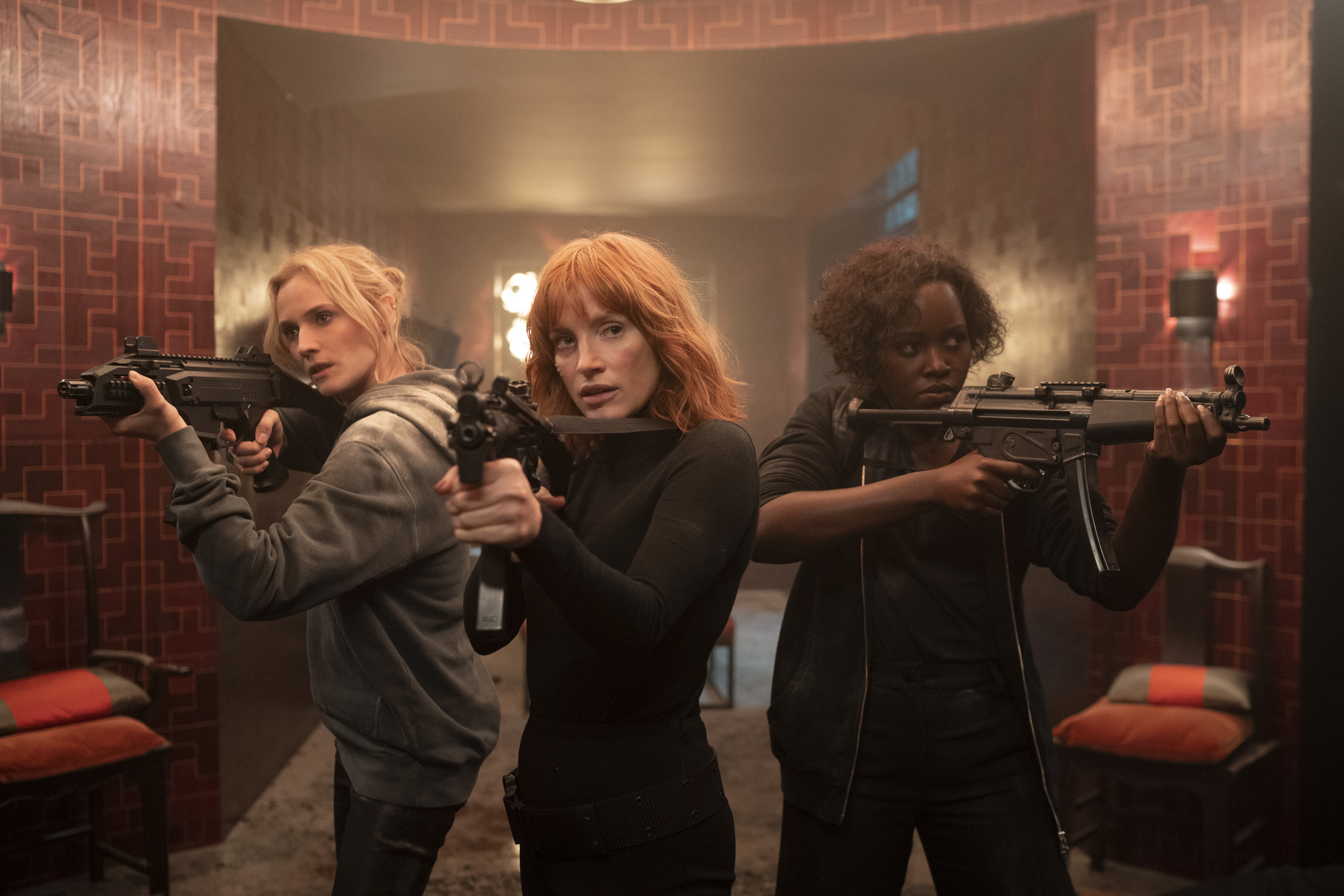 (from left) Marie (Diane Kruger), Mason “Mace” Brown (Jessica Chastain) and Khadijah (Lupita Nyong'o) in The 355, co-written and directed by Simon Kinberg. (Universal Pictures)