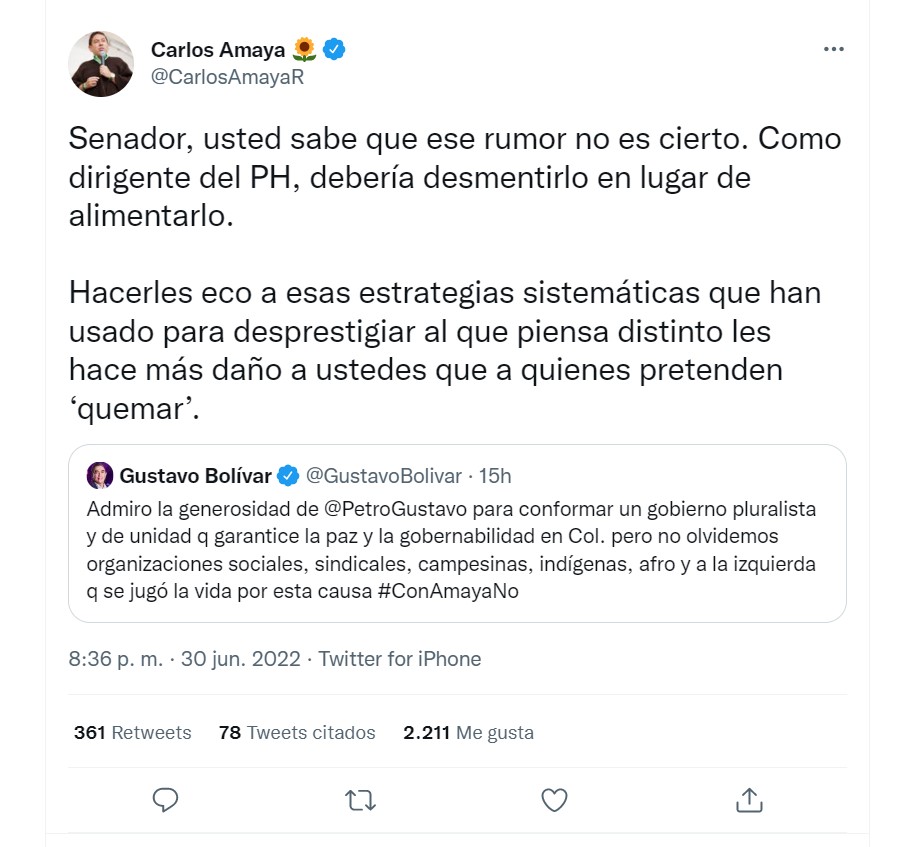 ¿Será Carlos Amaya el nuevo ministro de Agricultura? El rumor que difundió Gustavo Bolívar y desató polémica en redes.